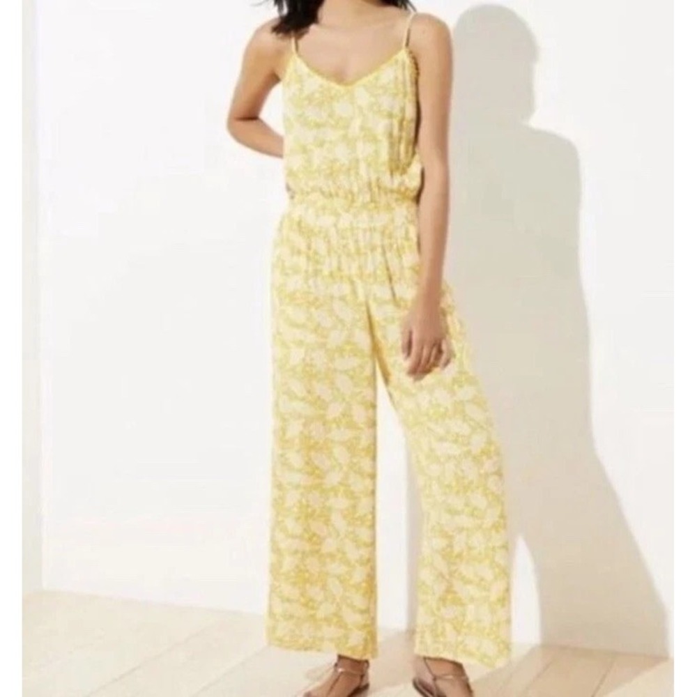 Ann Taylor Loft Beach Yellow Floral Wide Leg Jumpsuit Rayon Floral Size XL